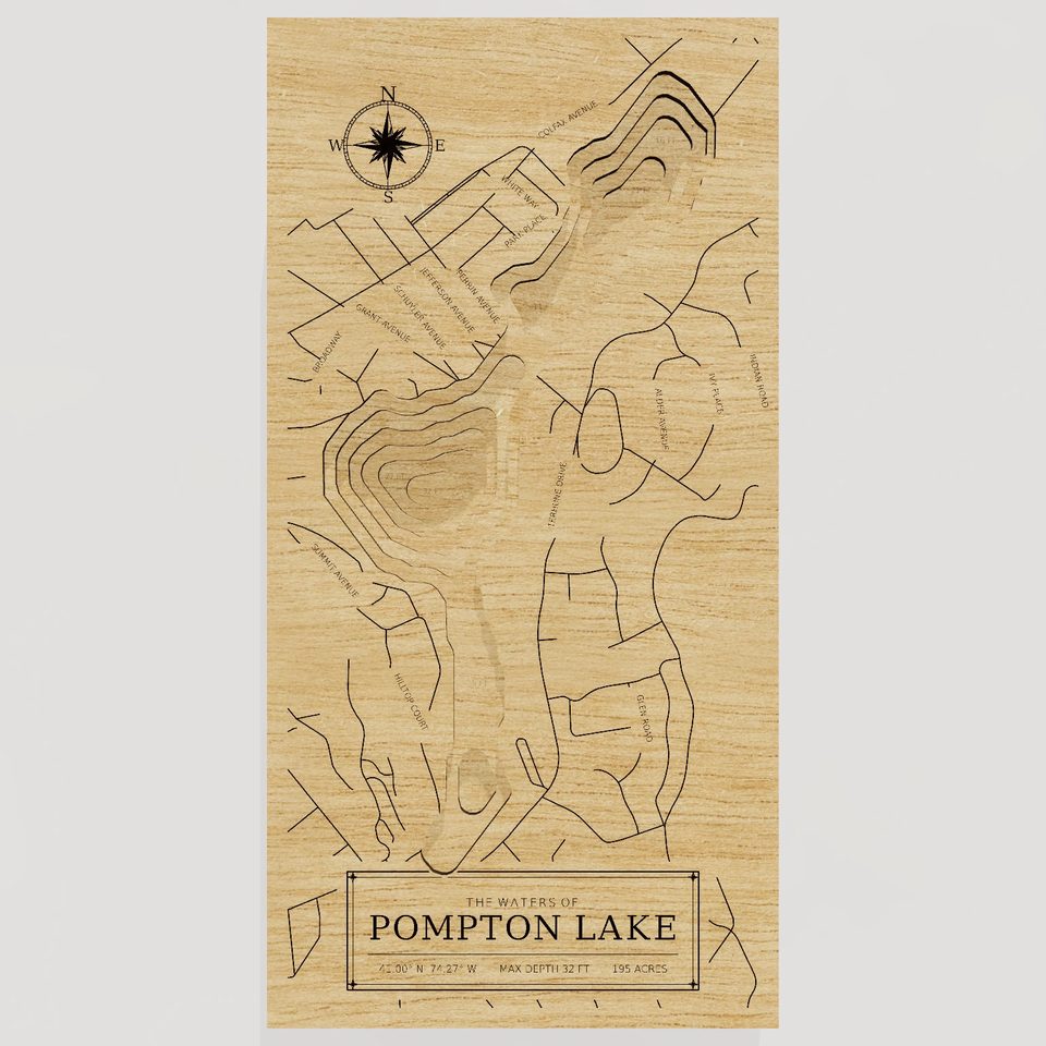 Pompton Lake 3D wood map, front view