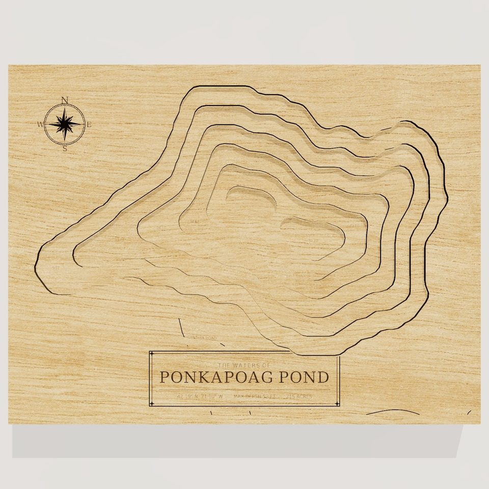 Ponkapoag Pond 3D wood map, front view
