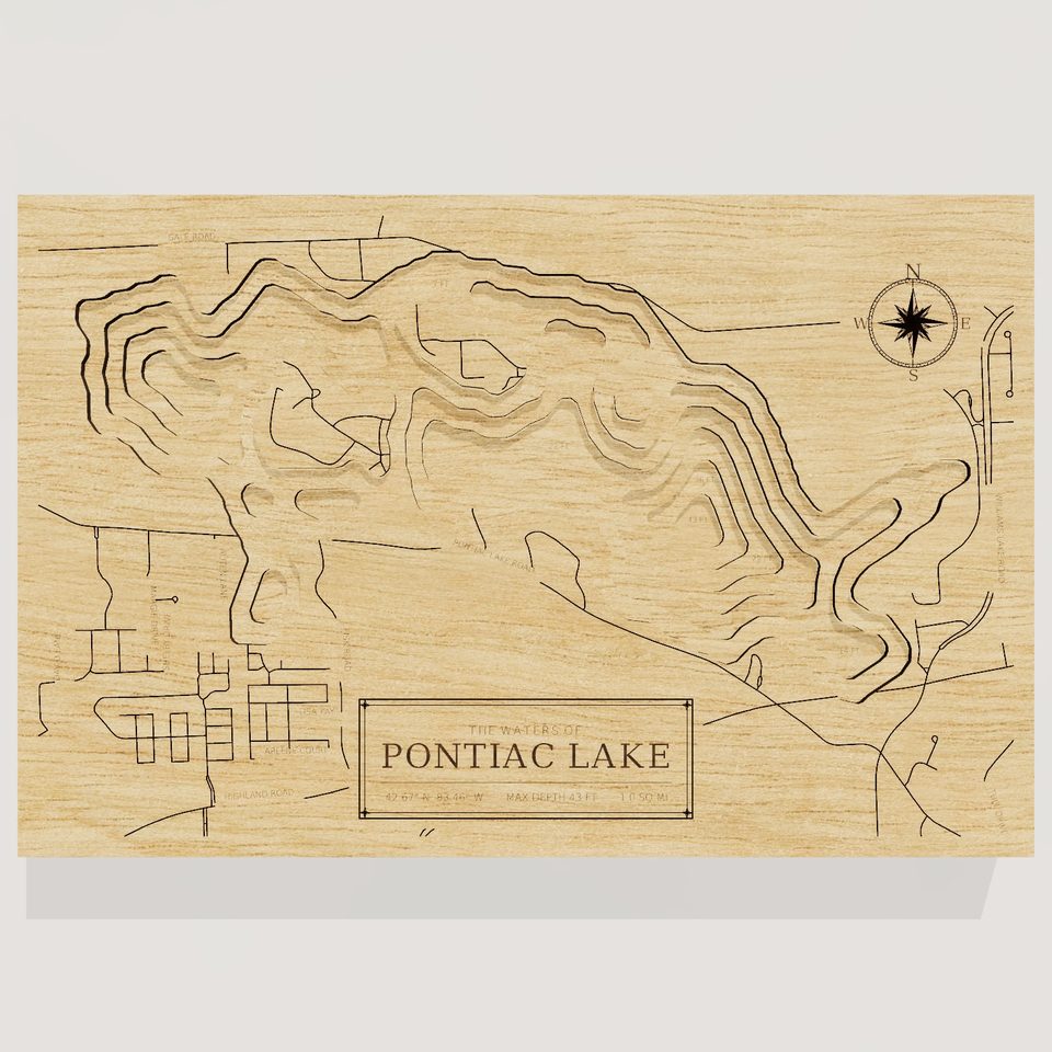Pontiac Lake 3D wood map, front view