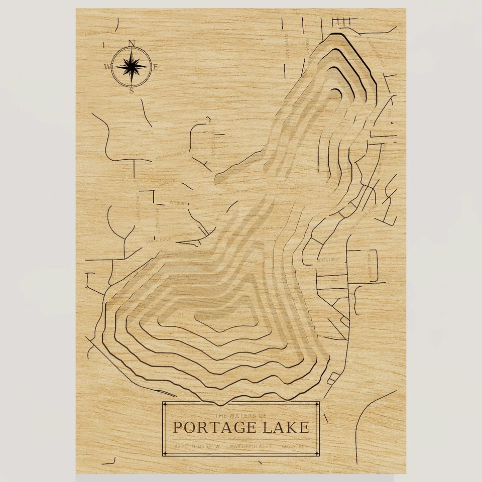 Portage Lake 3D wood map, front view