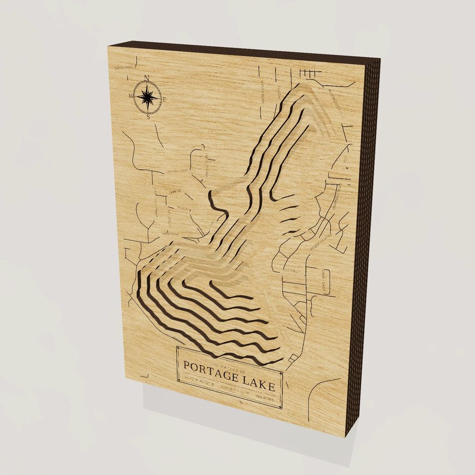 Portage Lake 3D wood map, hero view