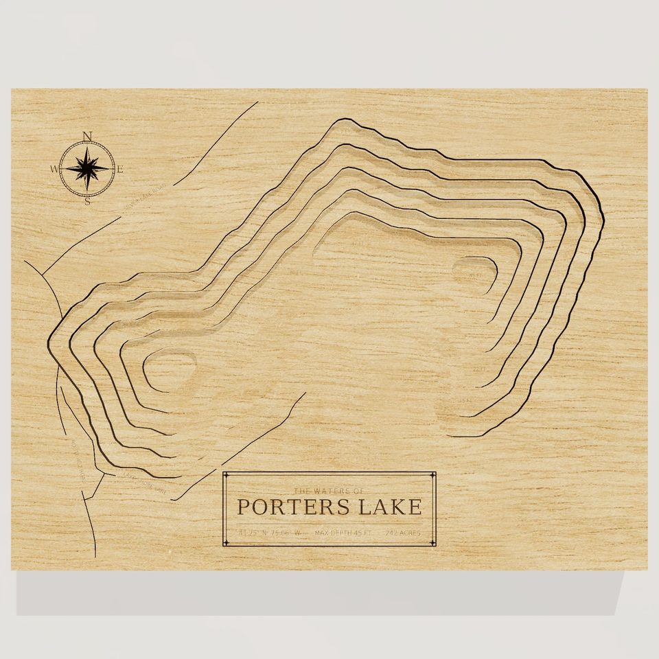 Porters Lake 3D wood map, front view