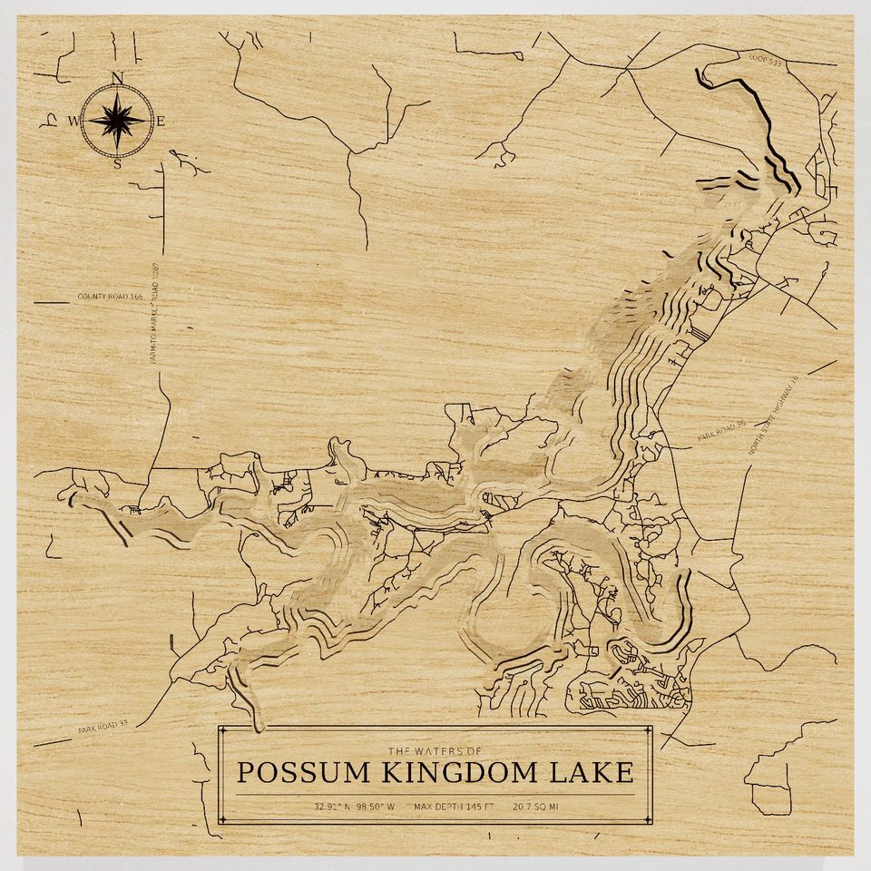 Possum Kingdom Lake 3D wood map, front view