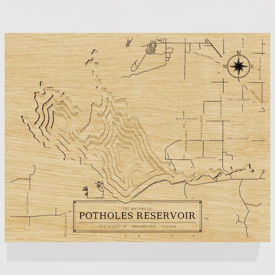 Potholes Reservoir 3D wood map, front view