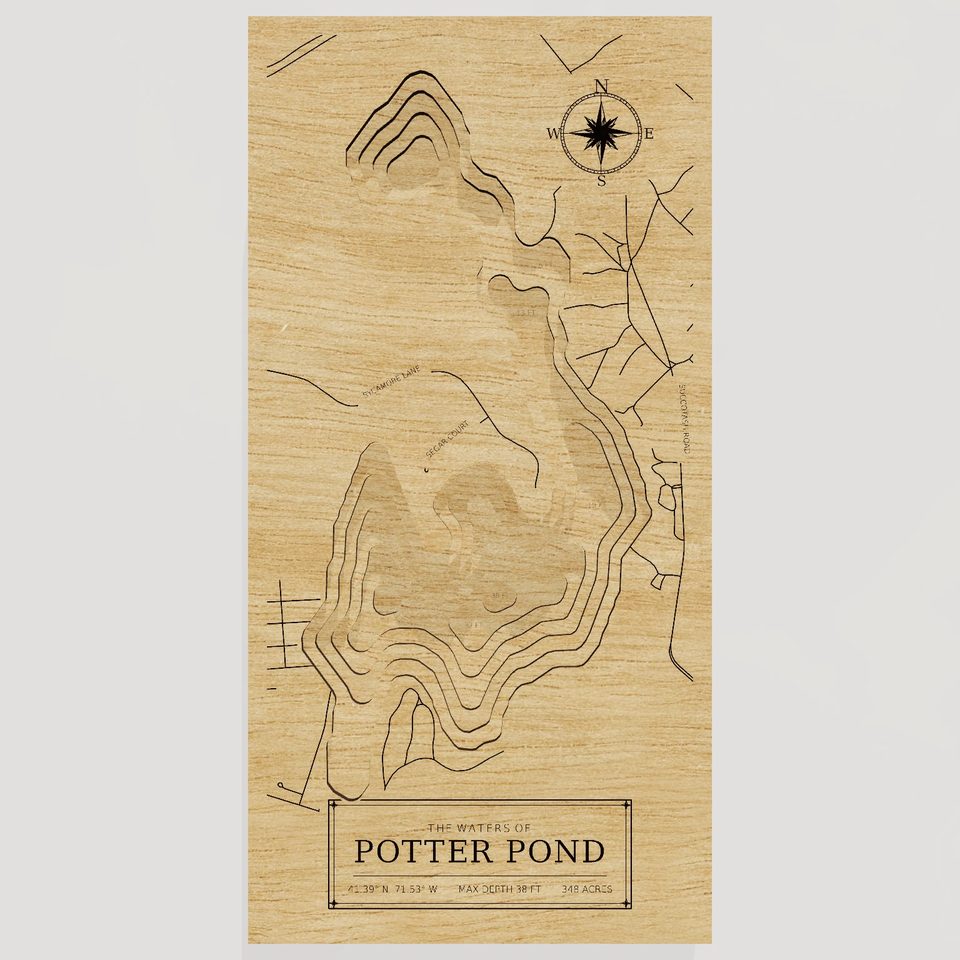 Potter Pond 3D wood map, front view
