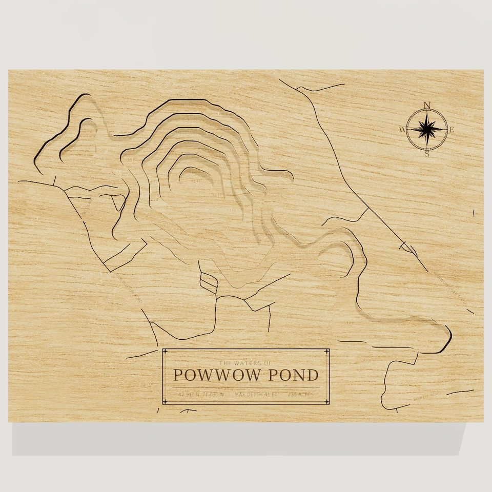 Powwow Pond 3D wood map, front view