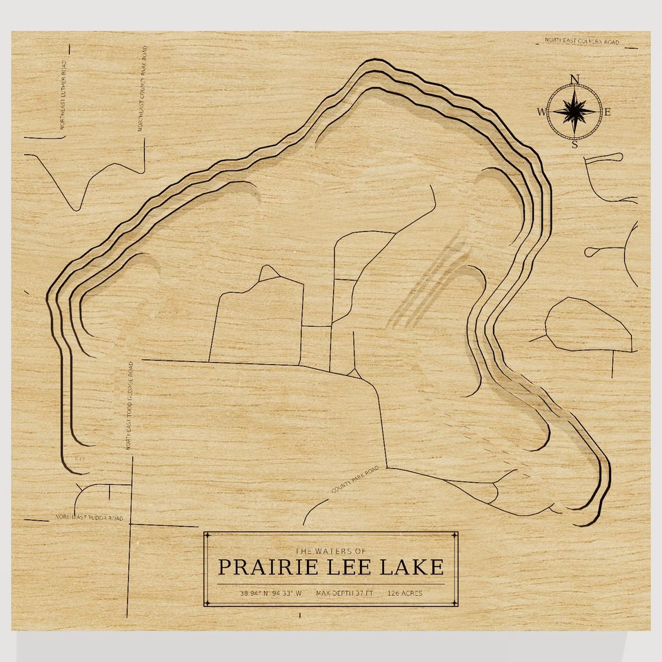 Prairie Lee Lake 3D wood map, front view