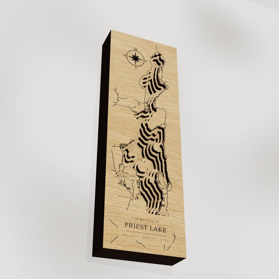 Priest Lake 3D wood map, angle low view
