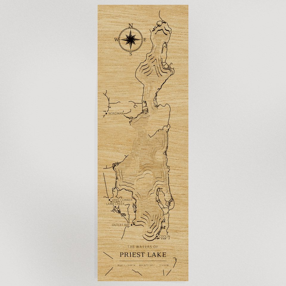 Priest Lake 3D wood map, front view