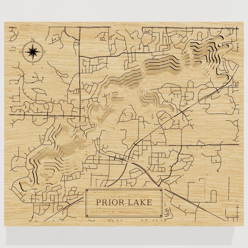 Prior Lake 3D wood map, front view