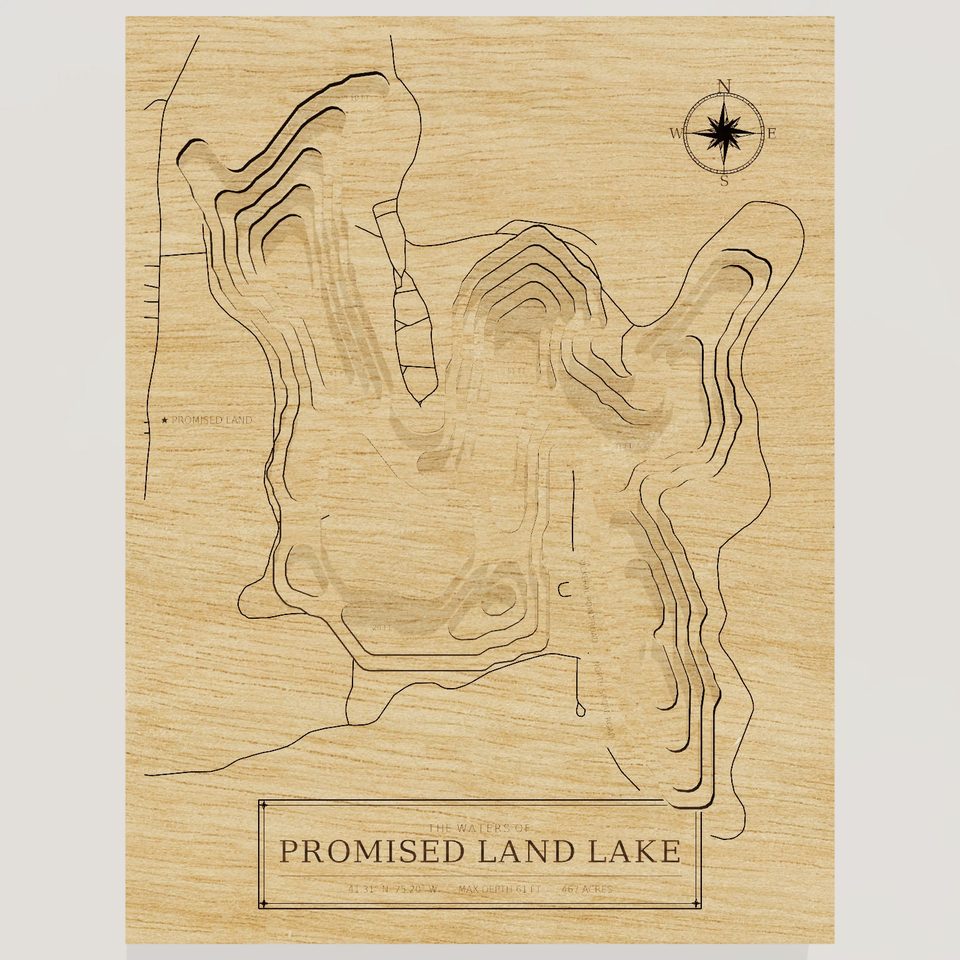 Promised Land Lake 3D wood map, front view