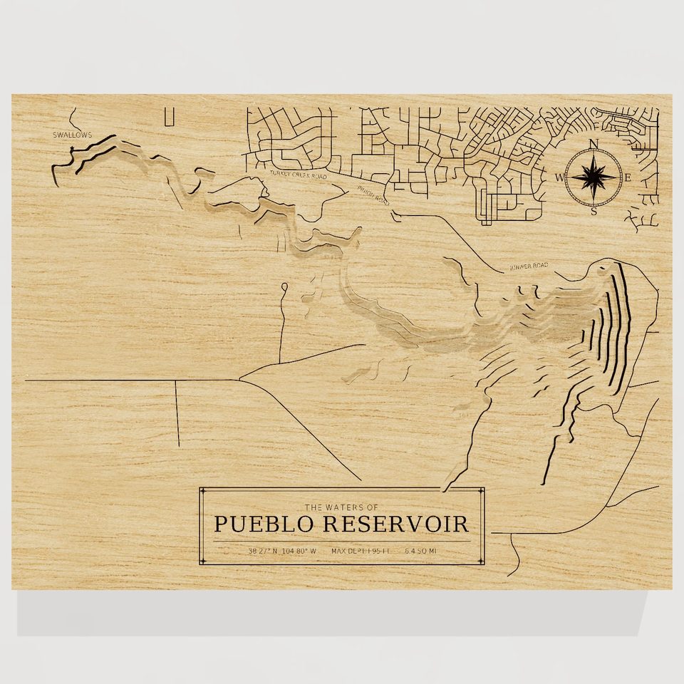 Pueblo Reservoir 3D wood map, front view