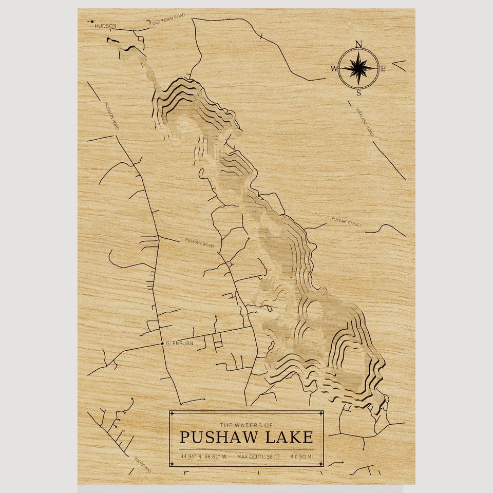 Pushaw Lake 3D wood map, front view