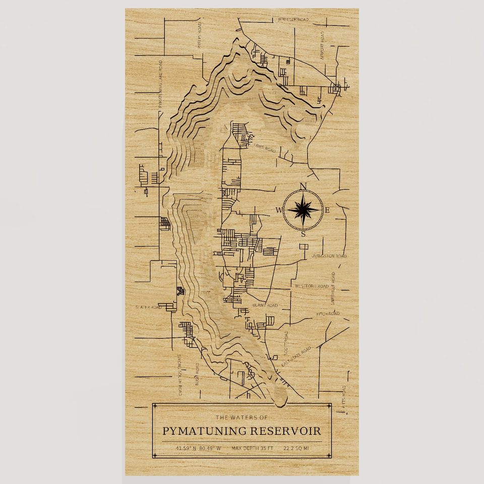 Pymatuning Reservoir 3D wood map, front view
