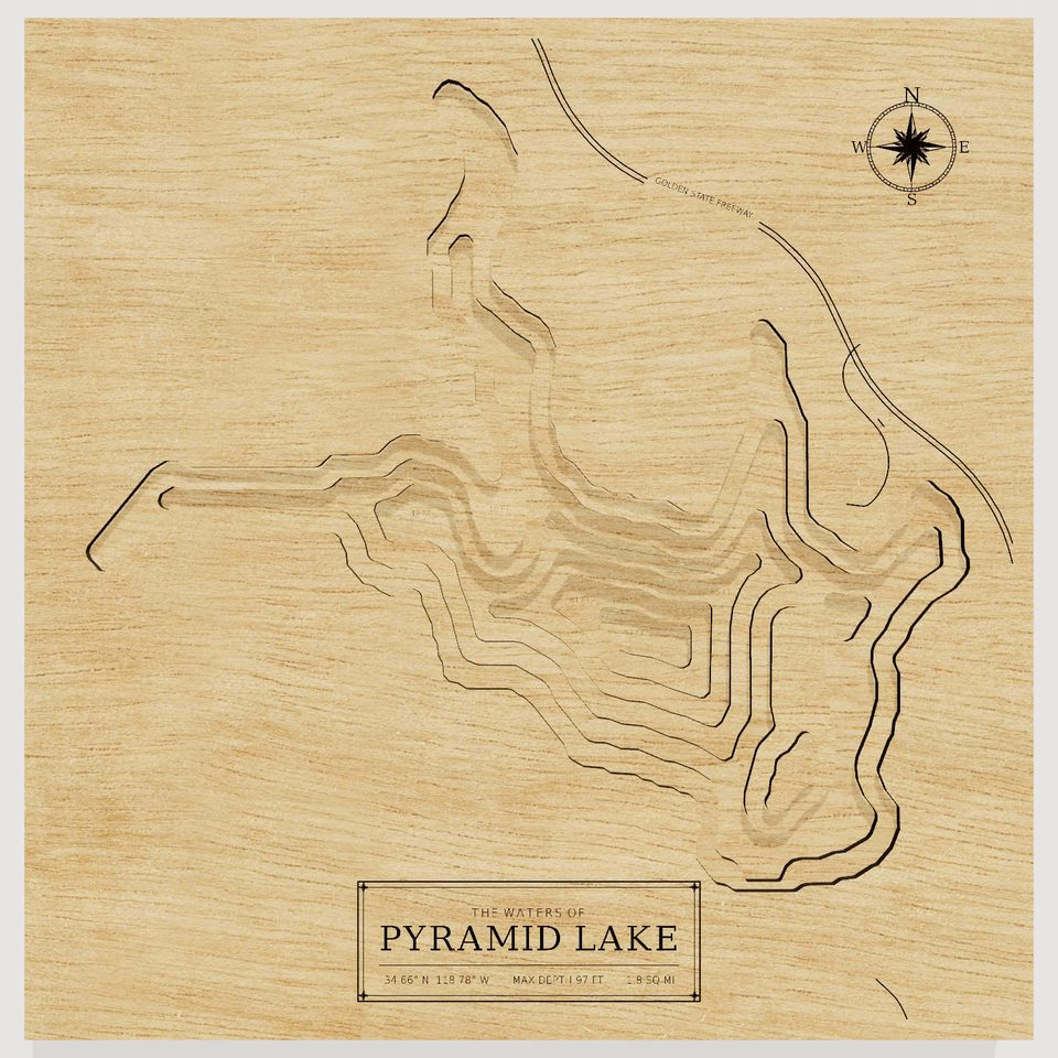 Pyramid Lake 3D wood map, front view