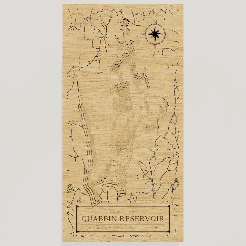 Quabbin Reservoir 3D wood map, front view