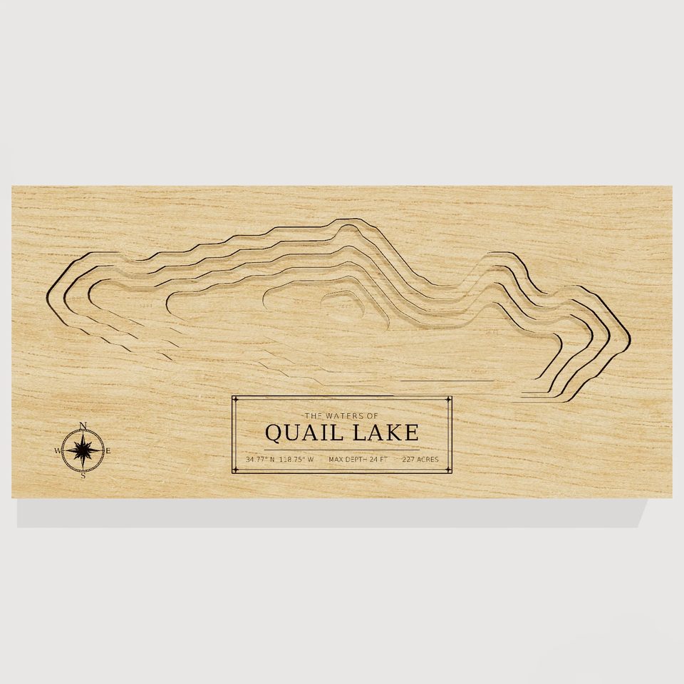 Quail Lake 3D wood map, front view