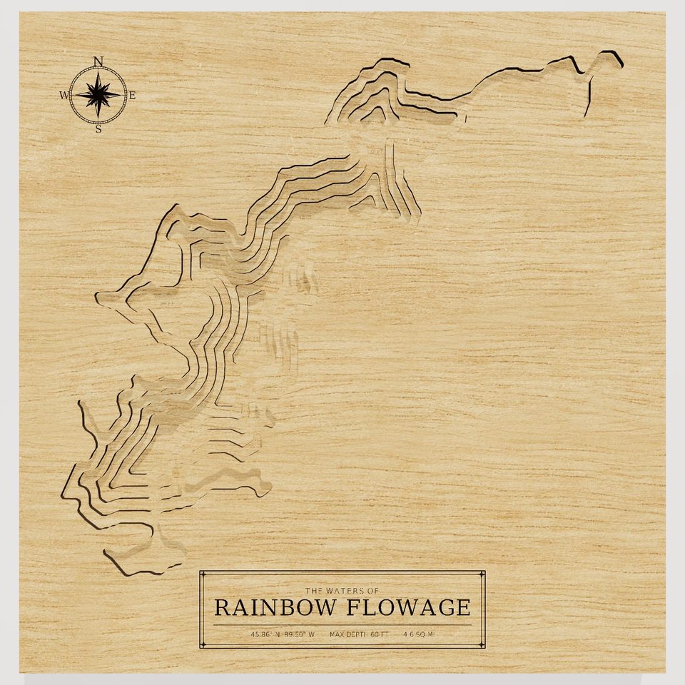 Rainbow Flowage 3D wood map, front view