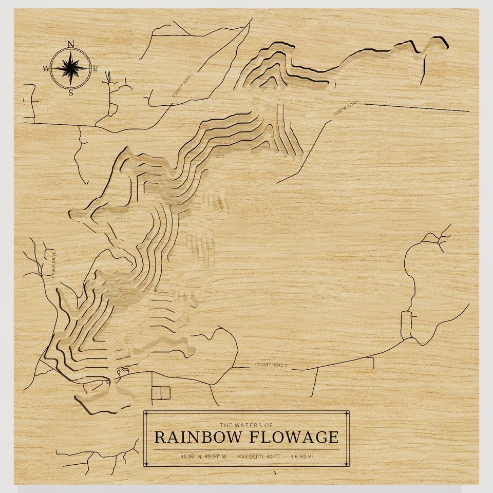 Rainbow Flowage 3D wood map, front view