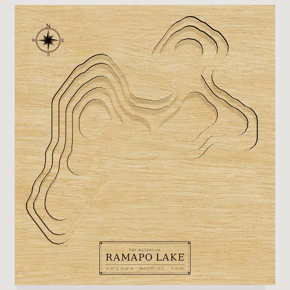 Ramapo Lake 3D wood map, front view