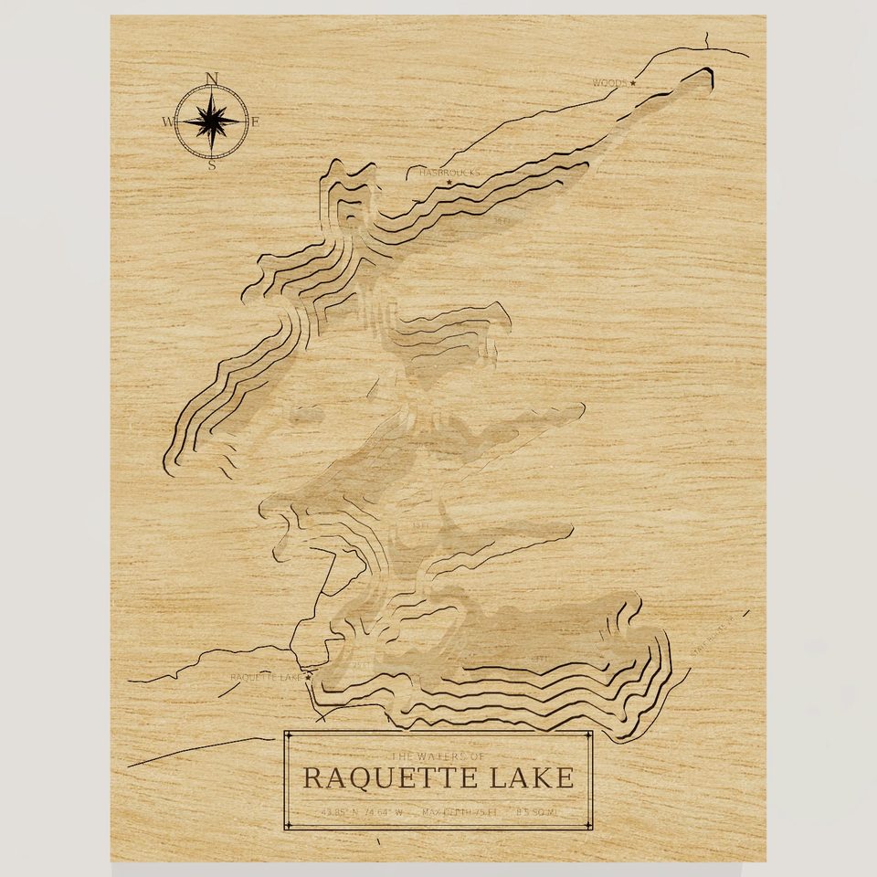 Raquette Lake 3D wood map, front view