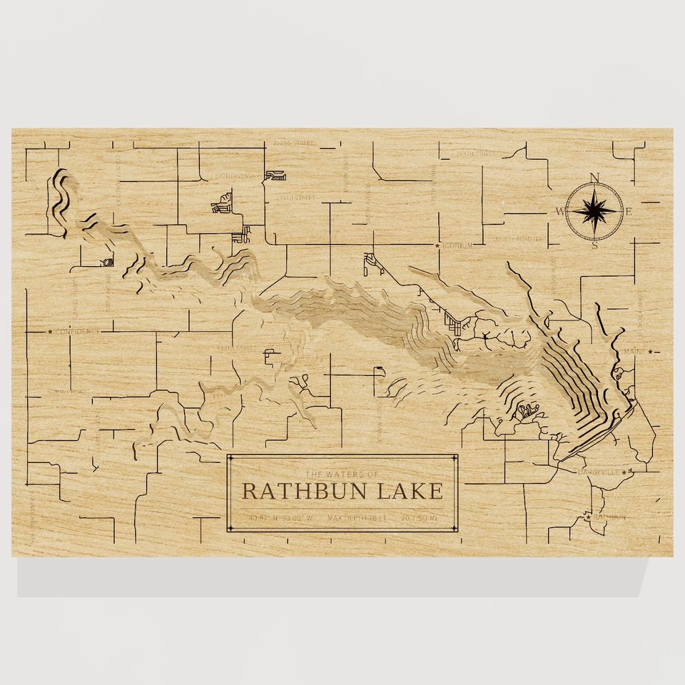 Rathbun Lake 3D wood map, front view