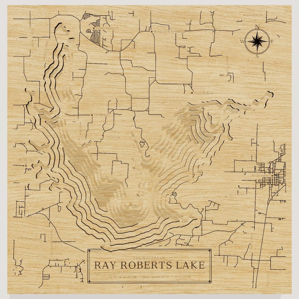 Ray Roberts Lake 3D wood map, front view