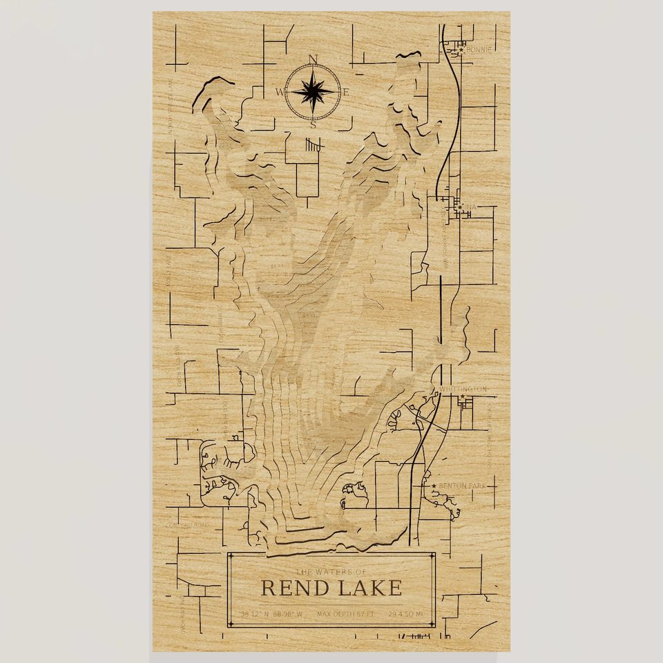 Rend Lake 3D wood map, front view