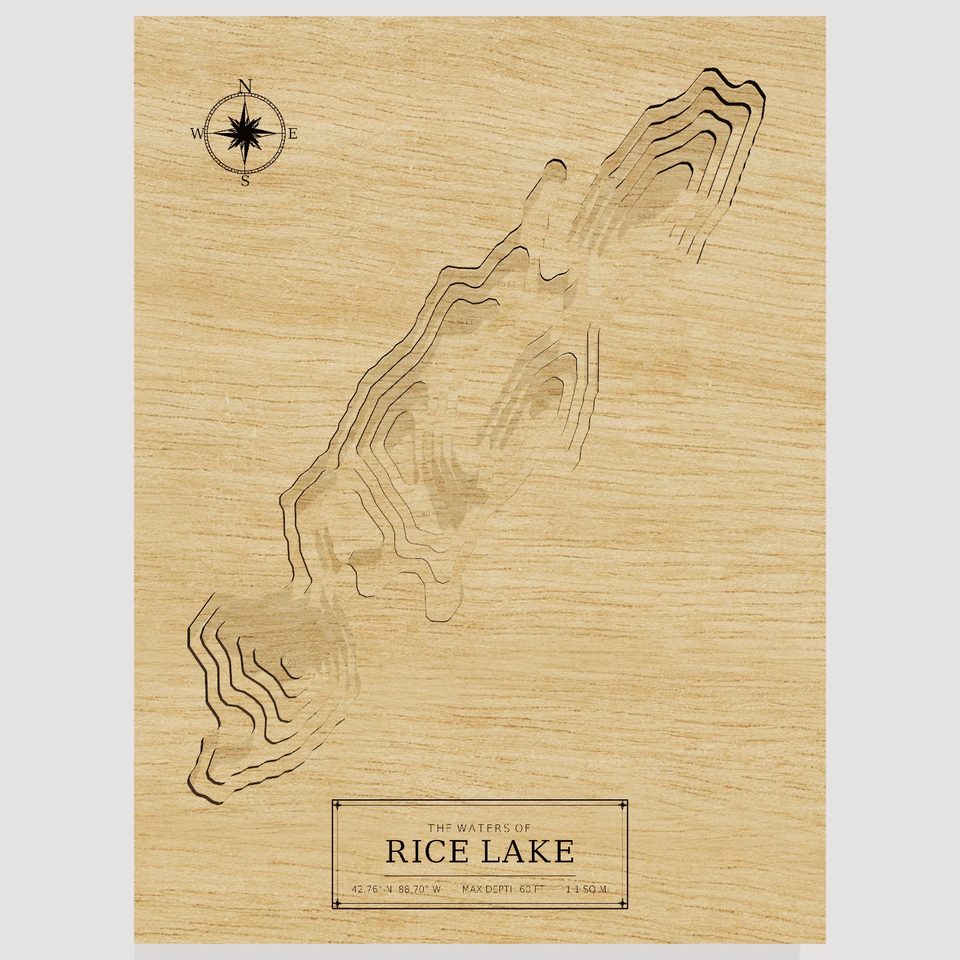 Rice Lake 3D wood map, front view
