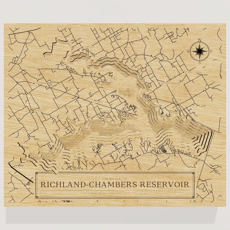 Richland-Chambers Reservoir 3D wood map, front view