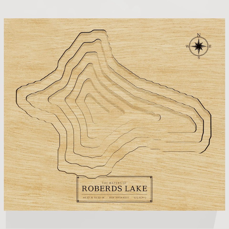 Roberds Lake 3D wood map, front view
