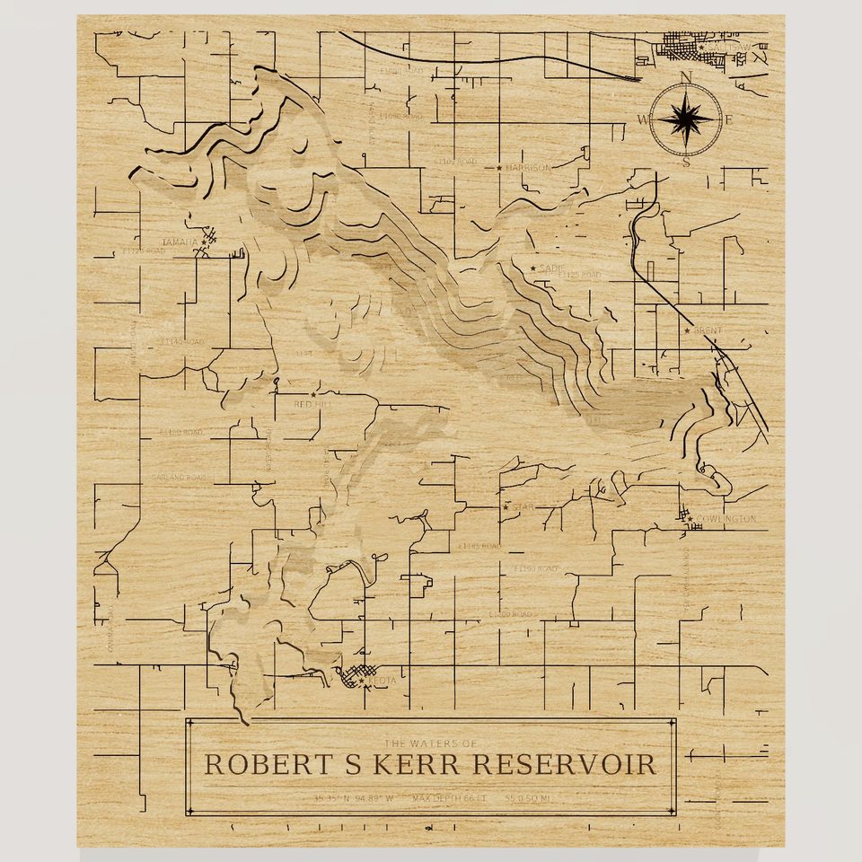 Robert S Kerr Reservoir 3D wood map, front view