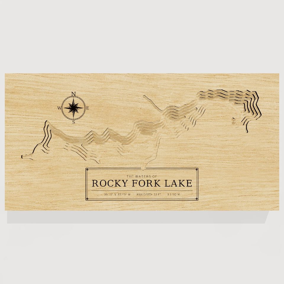 Rocky Fork Lake 3D wood map, front view