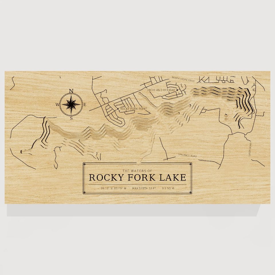 Rocky Fork Lake 3D wood map, front view