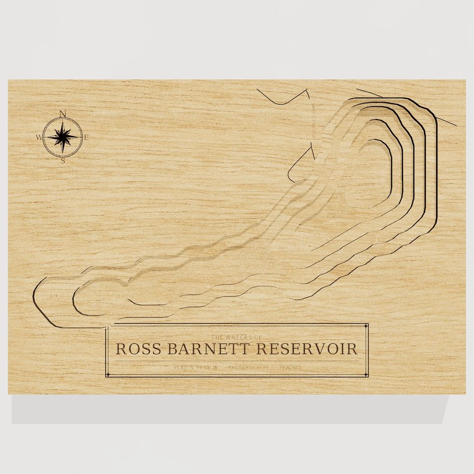 Ross Barnett Reservoir 3D wood map, front view