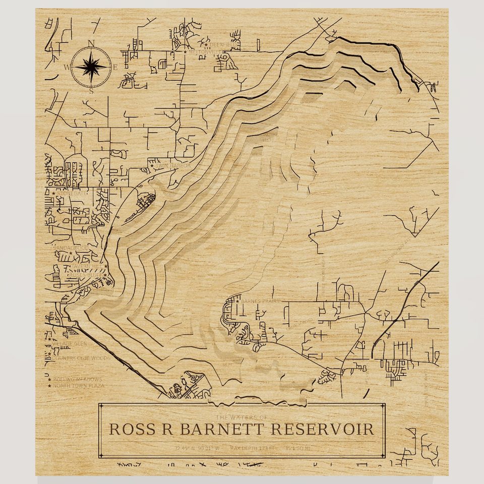 Ross R Barnett Reservoir 3D wood map, front view