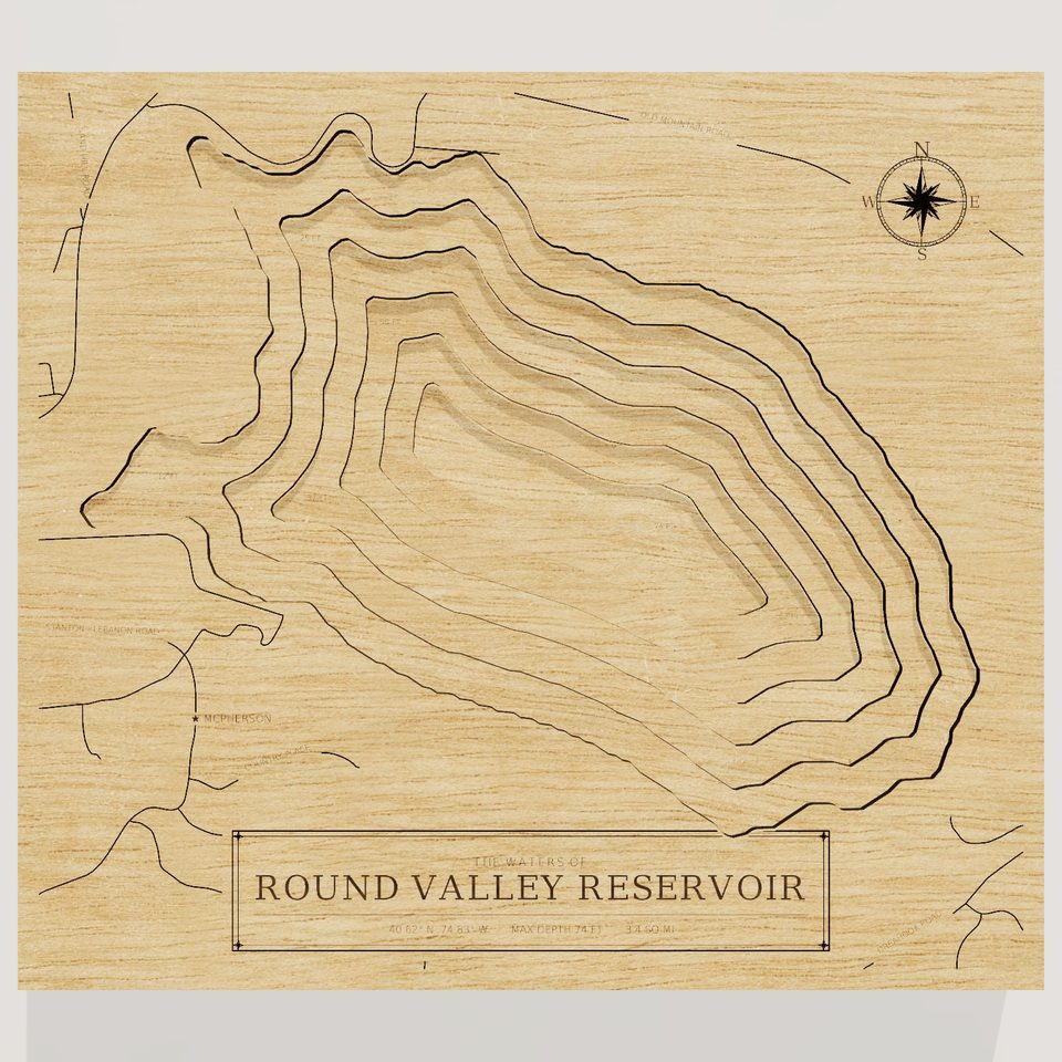 Round Valley Reservoir 3D wood map, front view