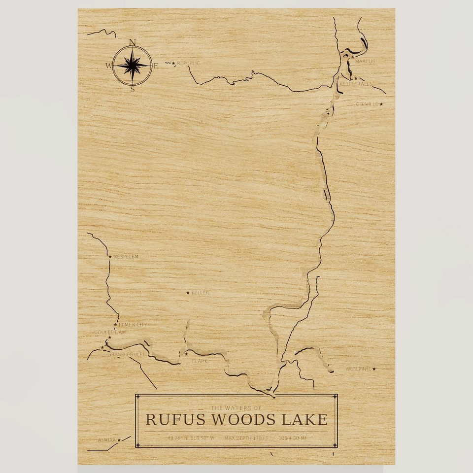 Rufus Woods Lake 3D wood map, front view