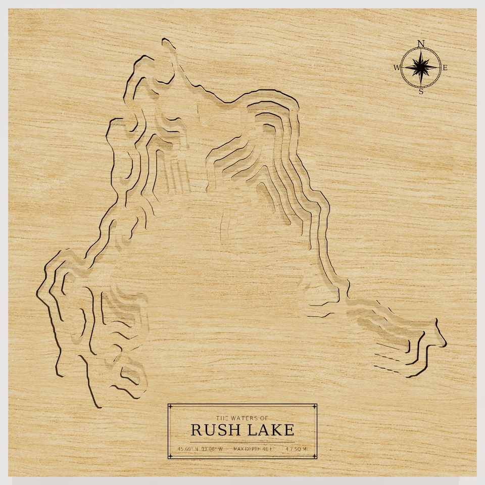 Rush Lake 3D wood map, front view