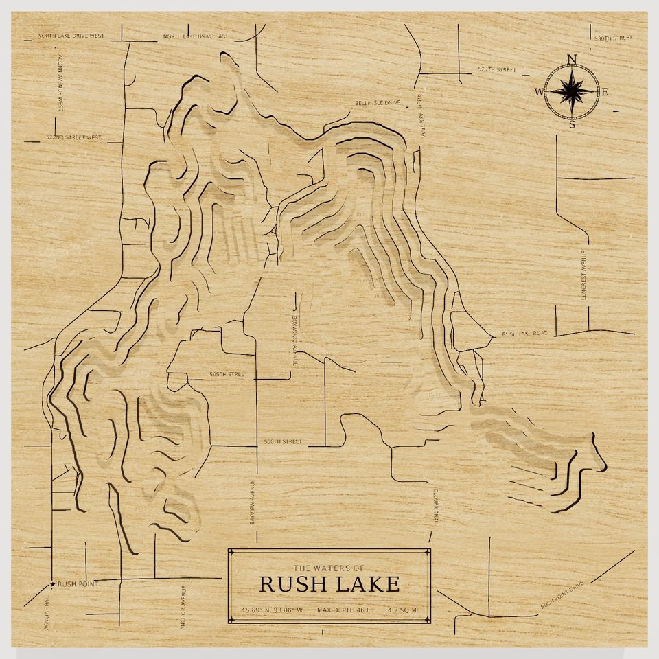 Rush Lake 3D wood map, front view
