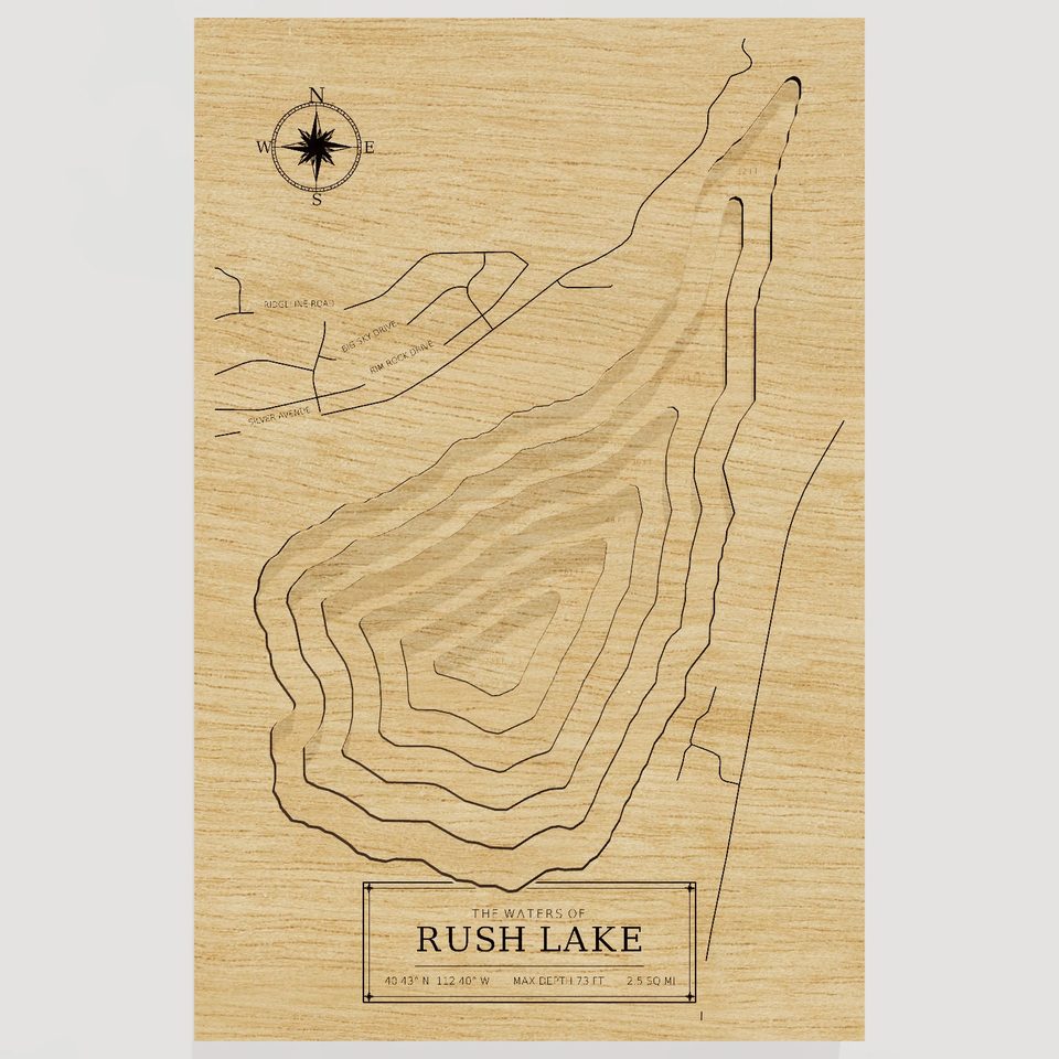Rush Lake 3D wood map, front view