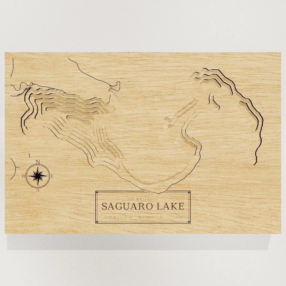 Saguaro Lake 3D wood map, front view