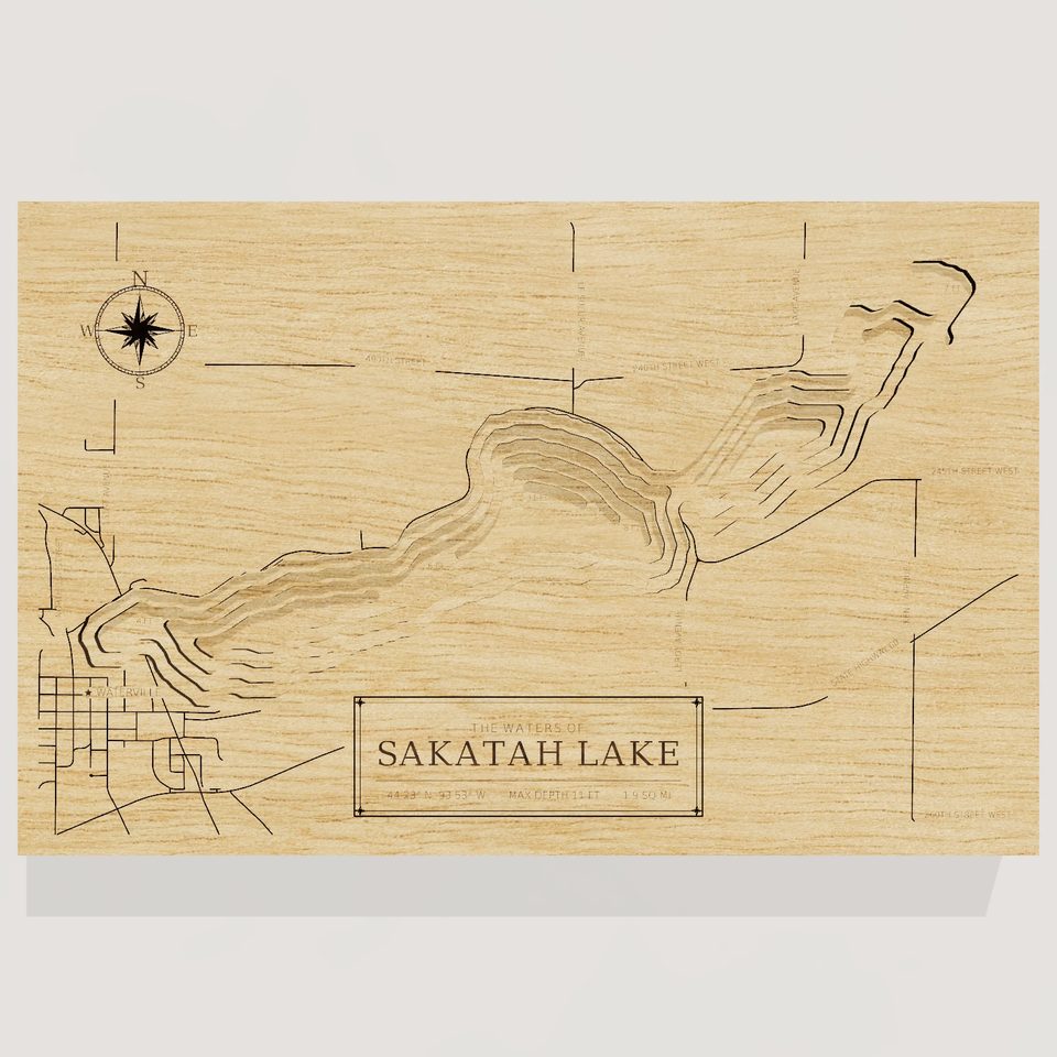 Sakatah Lake 3D wood map, front view