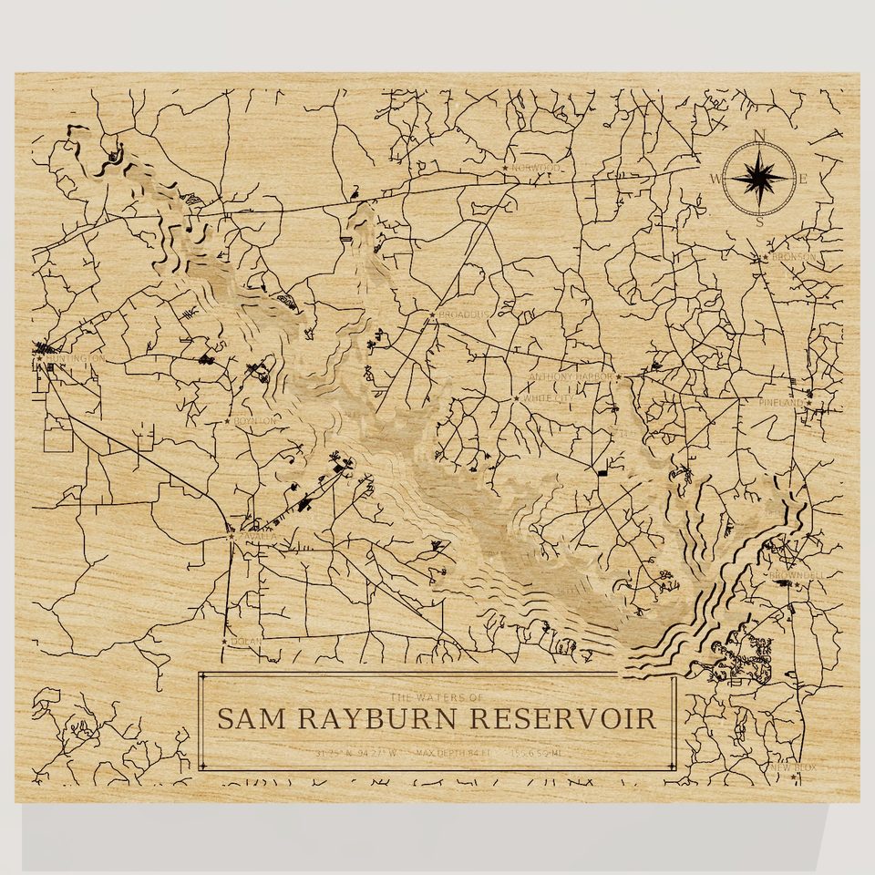 Sam Rayburn Reservoir 3D wood map, front view