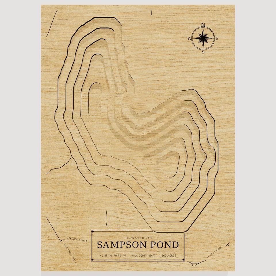 Sampson Pond 3D wood map, front view