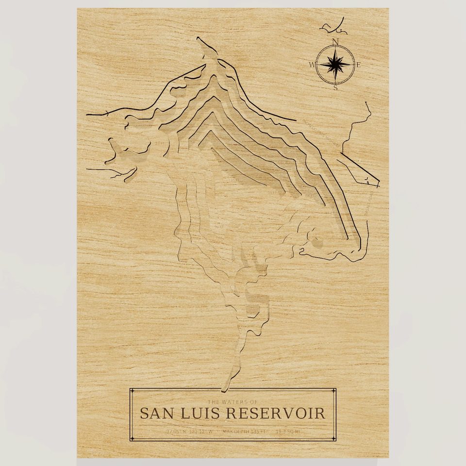San Luis Reservoir 3D wood map, front view