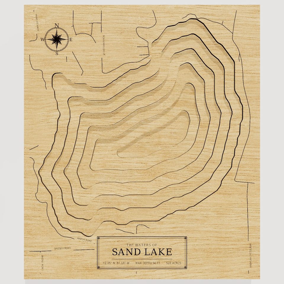 Sand Lake 3D wood map, front view