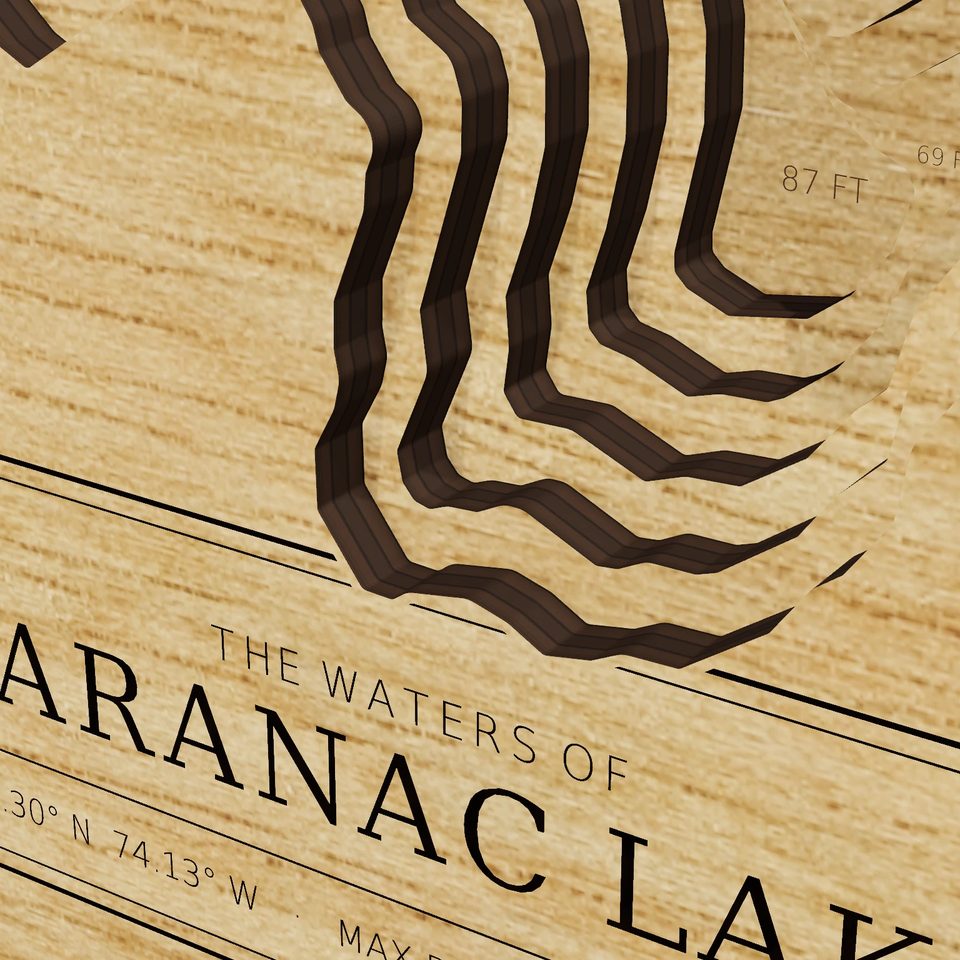 Saranac Lake 3D wood map, detail view