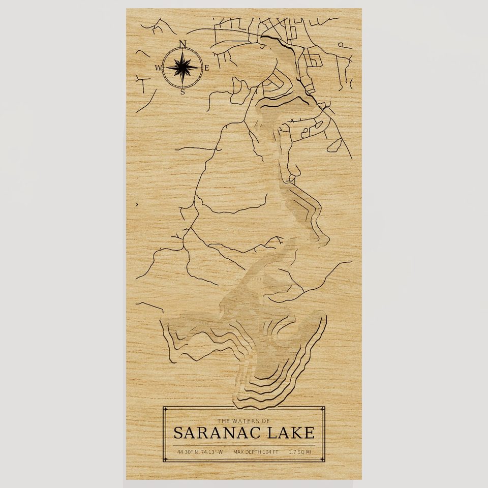 Saranac Lake 3D wood map, front view