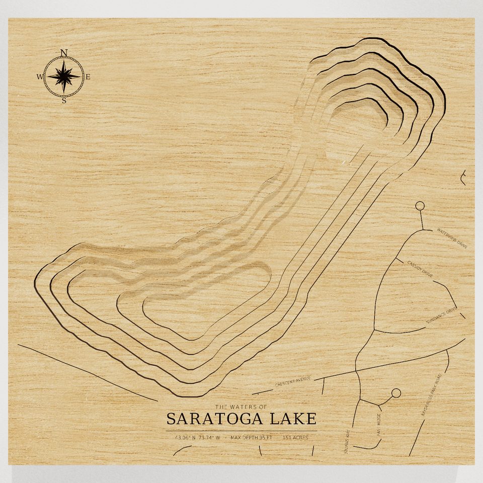 Saratoga Lake 3D wood map, front view